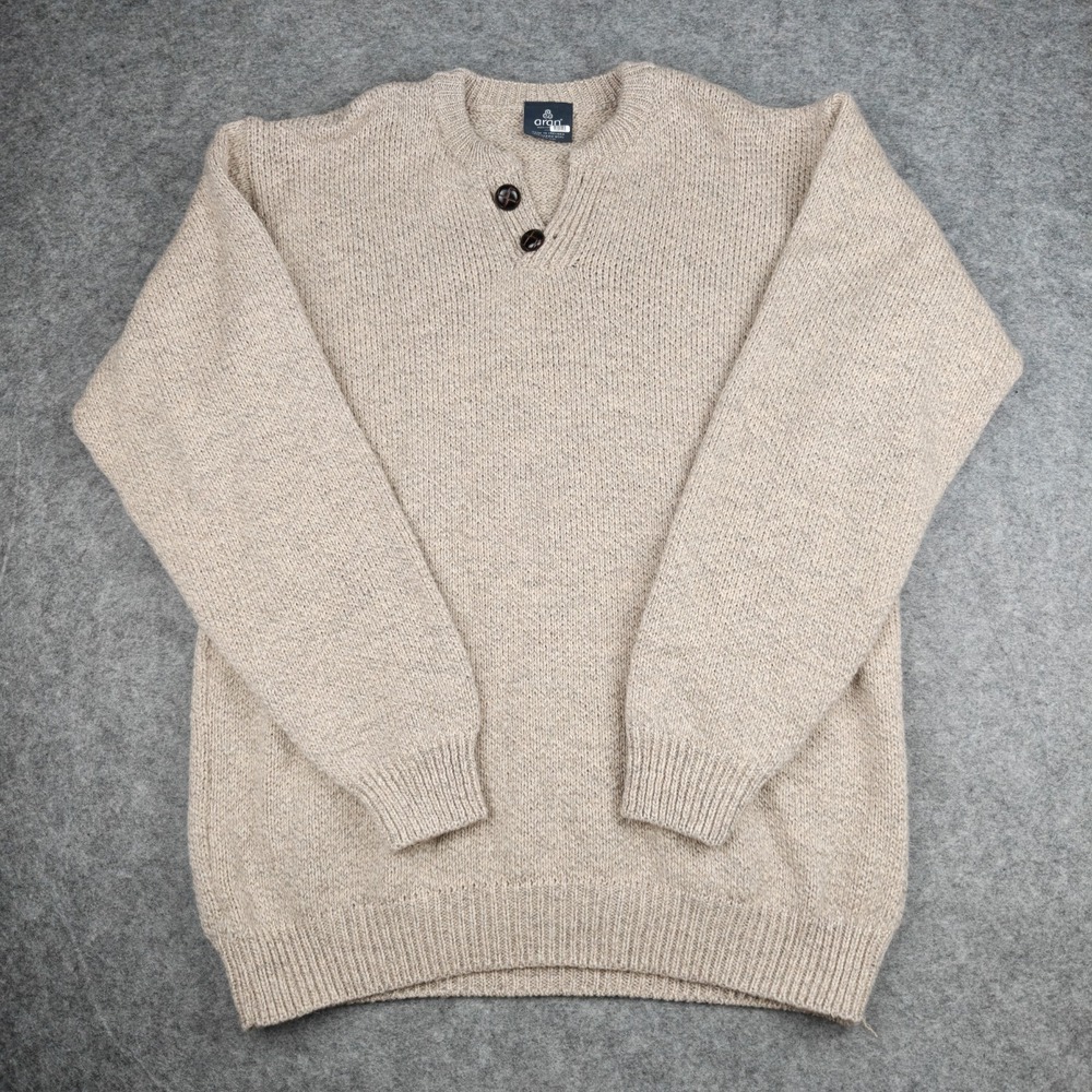 Aran 100% Merino Wool Sweater Henley Men's Size XL Oatmeal Gorpcore Ireland Soft